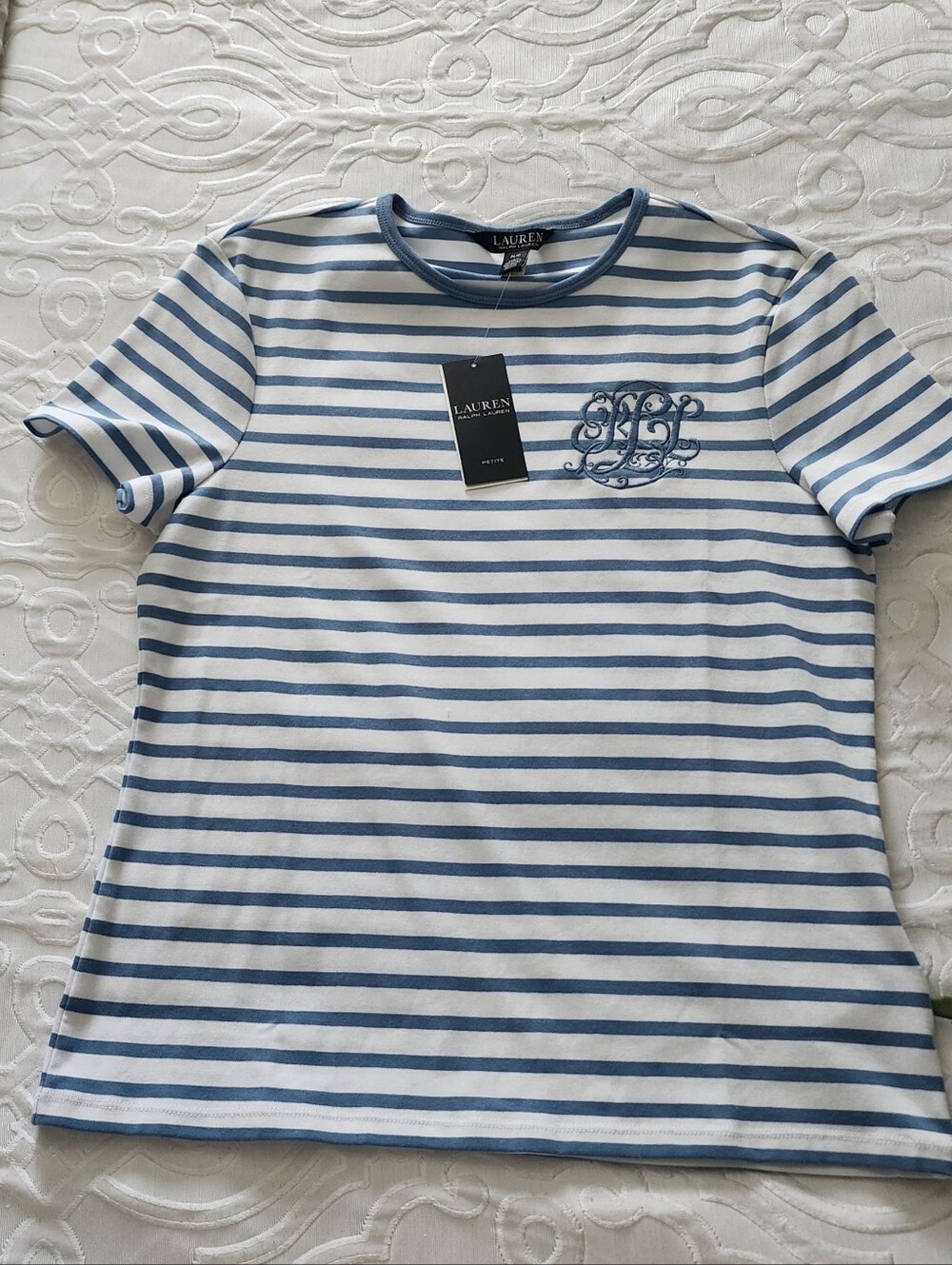 Lauren Ralph Lauren White & Light Blue Striped Tee with Monogram